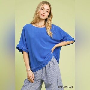 Umgee Linen Frayed Hem Scallop Edge Top